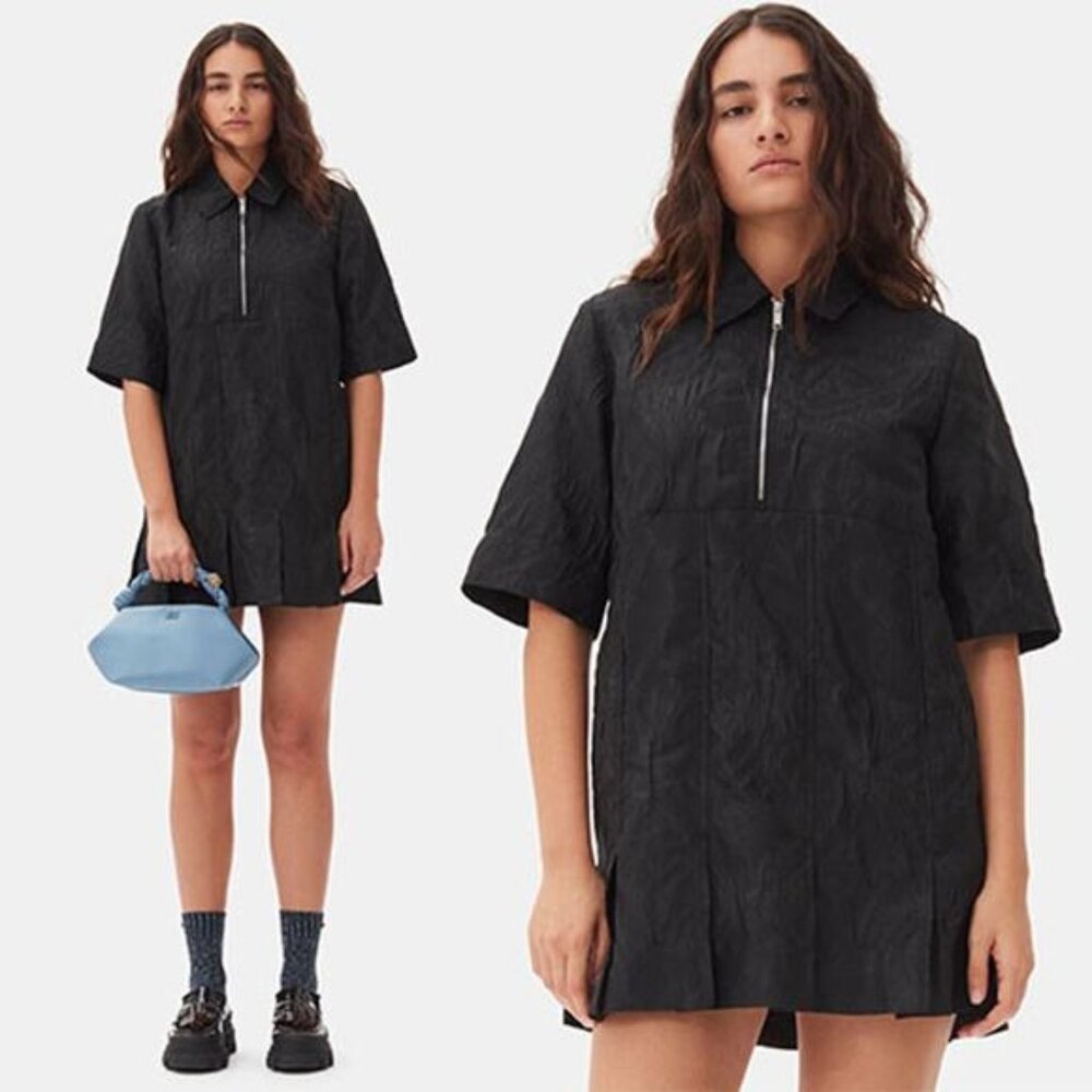 NEW Ganni Textured Cloque Pleated Skirt Collared-Neck Mini Dress Black Size: 6